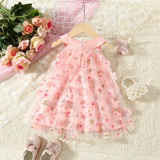 (0-3 Years Old) Summer Mesh All Over Flower Bow Baby Girl Dress