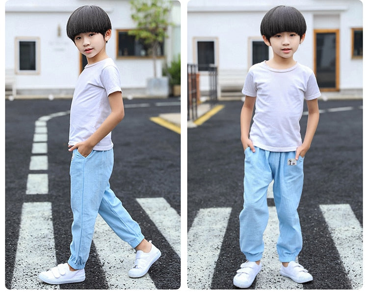 Solid Color Children Trousers Cotton Linen Elastic Waist Kids Clothing