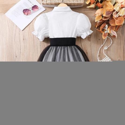 8-12 Yrs Girl Dress Summer Black and White Short Sleeve Children Dresses