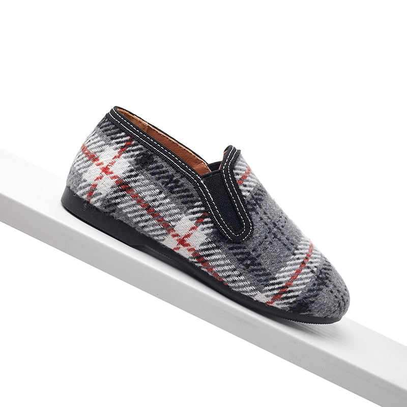 Boys Loafers Slip On Shoes Elastic White Grey Plaid