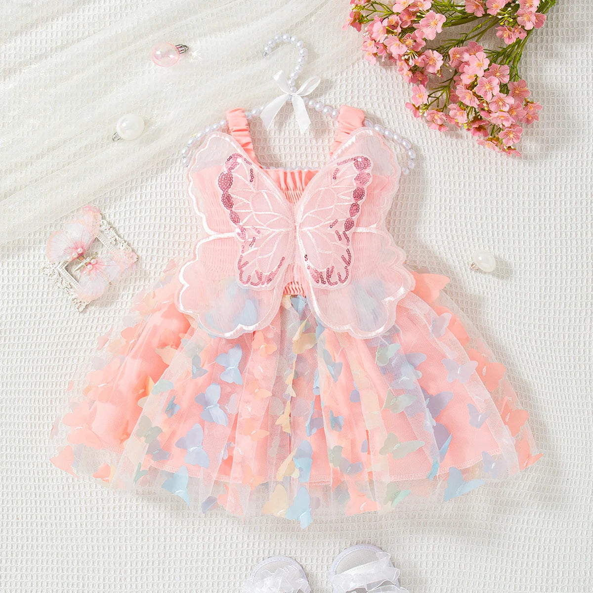 Summer New Baby Girl Suspender Dress Solid Color Butterfly Wing Party Dress