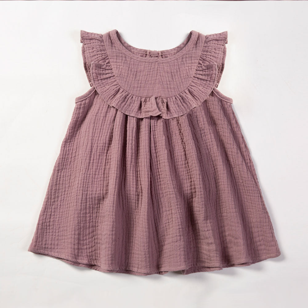 Zaida Solid Cotton Ruffle Sleeve Kids Dresses Sundress