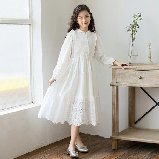 2026 spring hollow Dresses White kid baby party mesh princess Girls dress