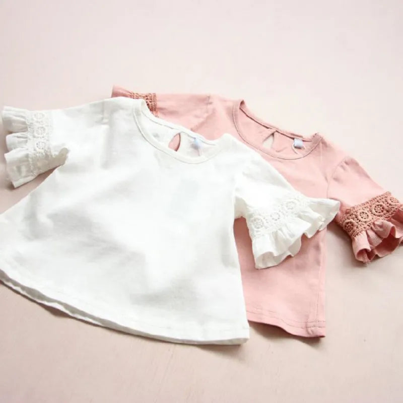 Abril Clothes Flare Sleeve Solid Print Lace Tops T-Shirts