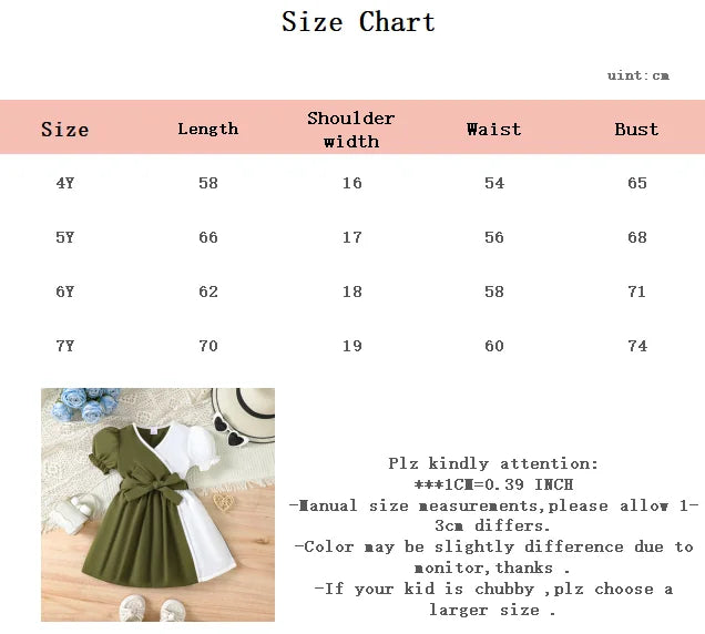 Baby Girl Dress Stylish Unique Design Puff Sleeve V‑Neck Bow Belt Summer Princess Party Dress For 4-7 Years Kid Girls Clothing