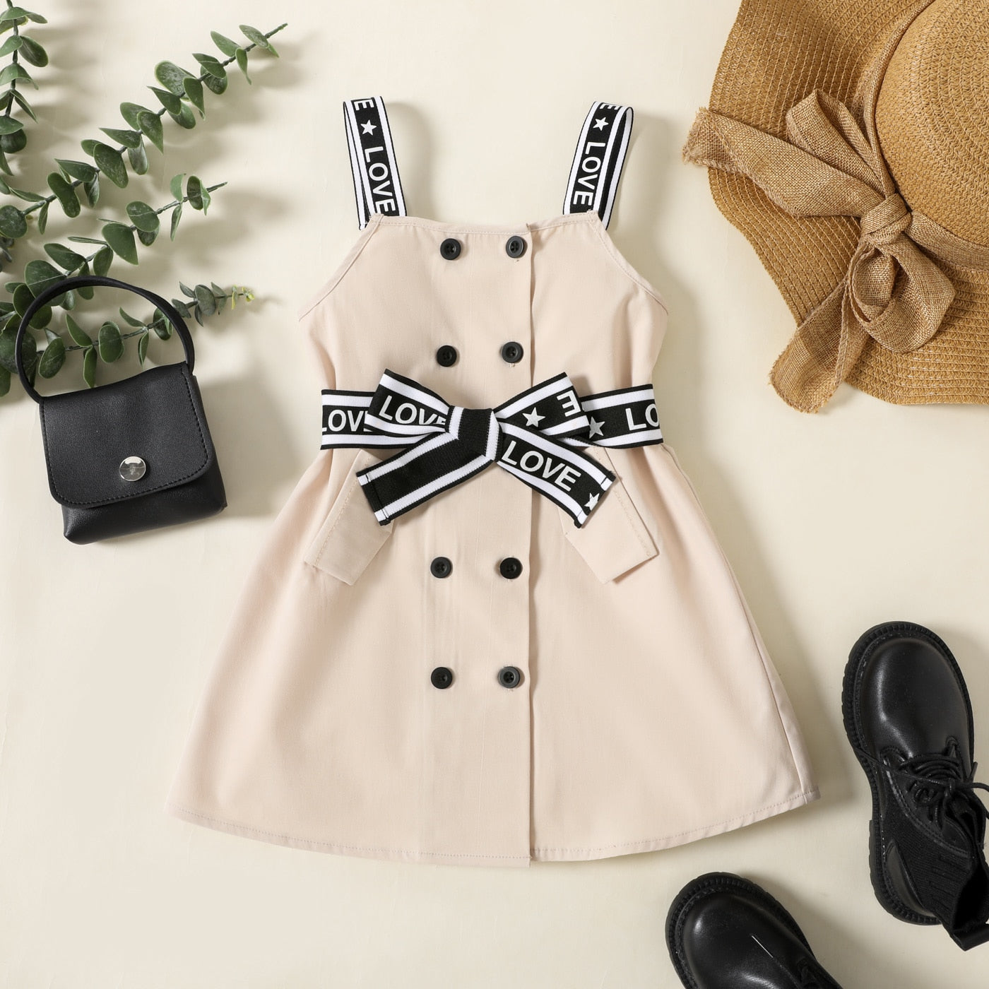 Salomé Girl Letter Print Button Design Belted Strap Dress