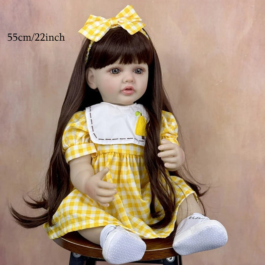 BZDOLL 55 CM Full Vinyl Body Reborn Baby Doll Toy Dress Up Brown Long Hair Princess Toddler Sweet Doll Handmade New Year Gift