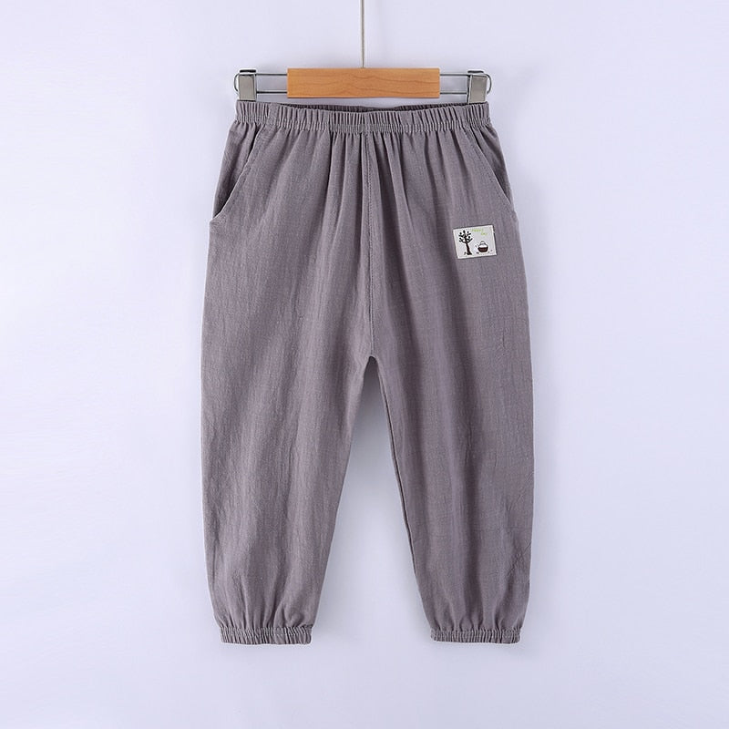 Solid Color Children Trousers Cotton Linen Elastic Waist Kids Clothing