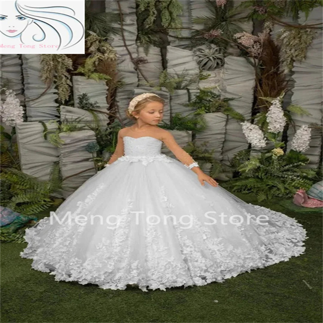 Elegance Flower Girl Dress Three Quartersleeve Appliqué Children Wedding Party Dress