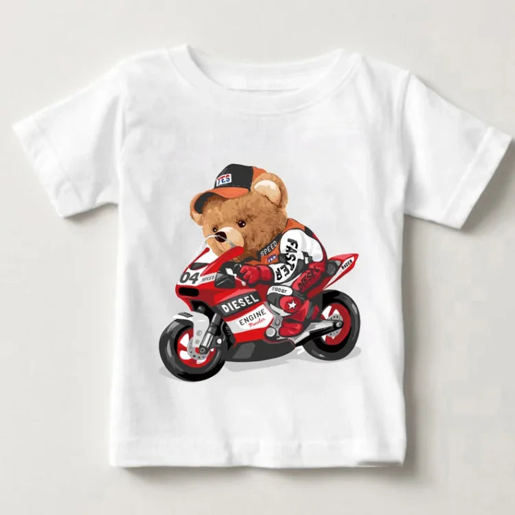 Dylon Cute Bear Riding Motorcycle Car Print Tees