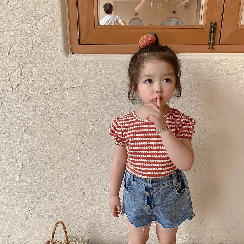 Nahia Summer Girls Children Sleeve Striped Tops Tee Comfortable
