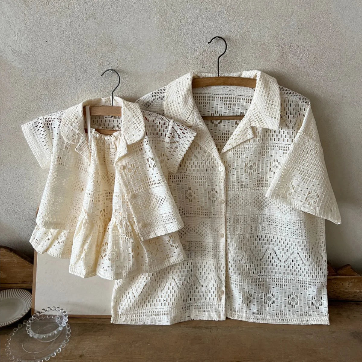 Helen Lace Short Sleeve Lapel Cotton Tops