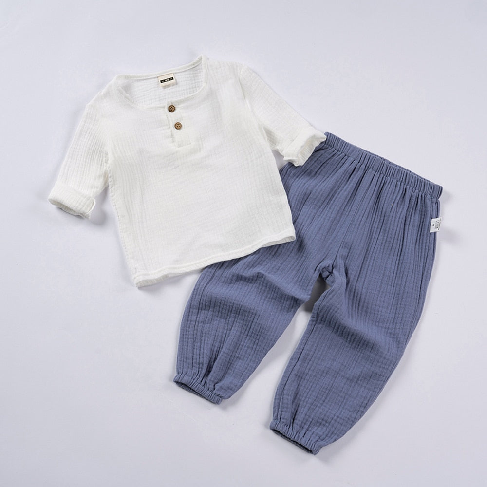 Organic Outfits Cotton Solid Long Sleeve Loose Children Two Piece Set - GuGuTon