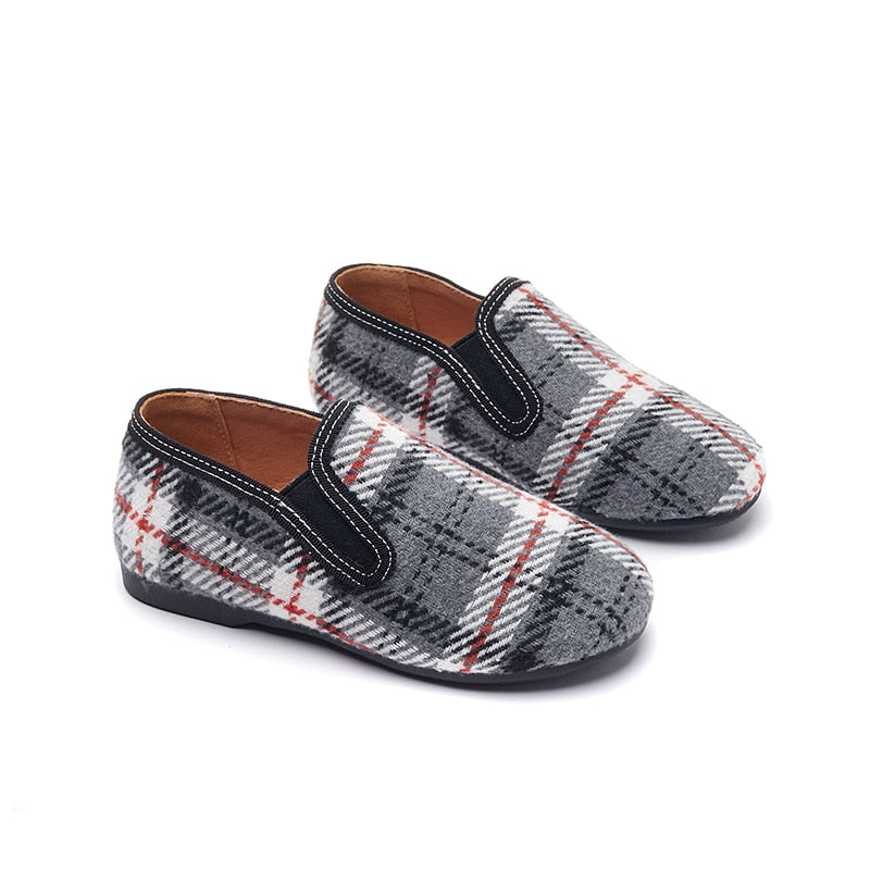 Boys Loafers Slip On Shoes Elastic White Grey Plaid