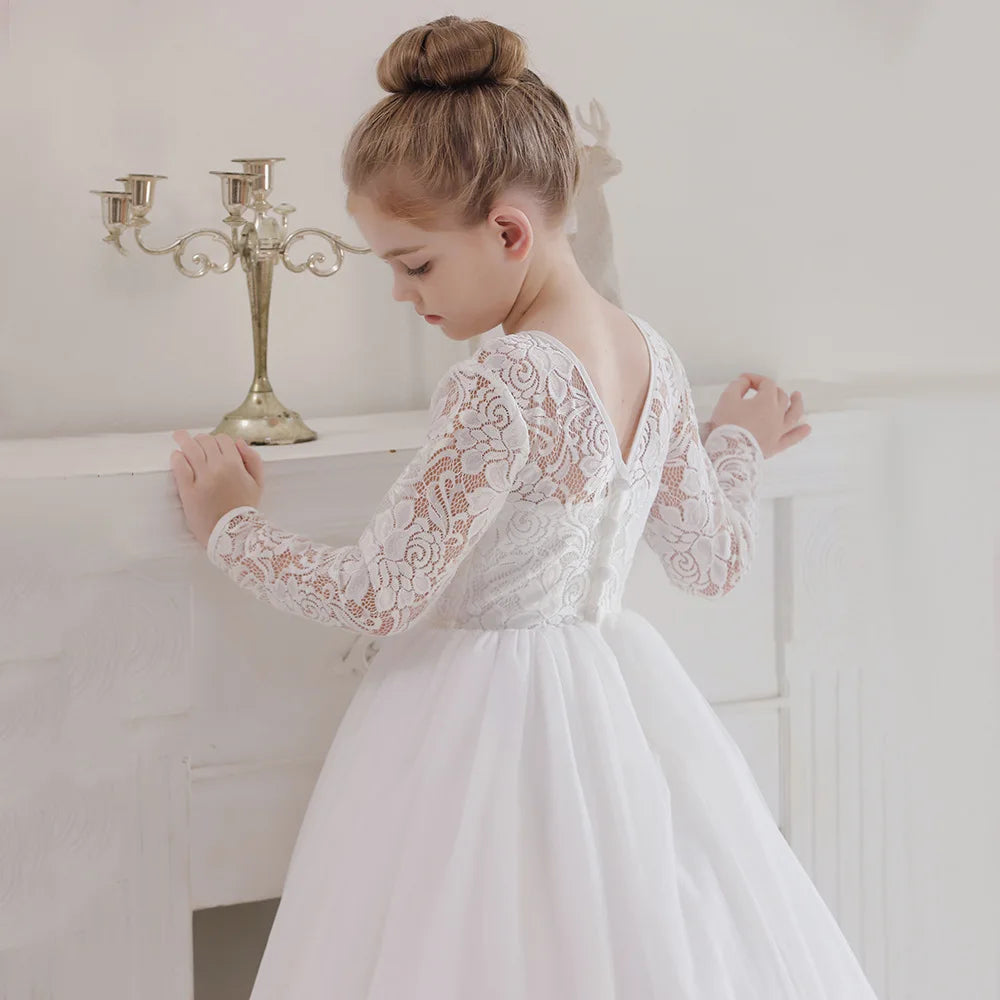 Elegant White Long Sleeve Lace Flower Girl Embroidered Princess Dress