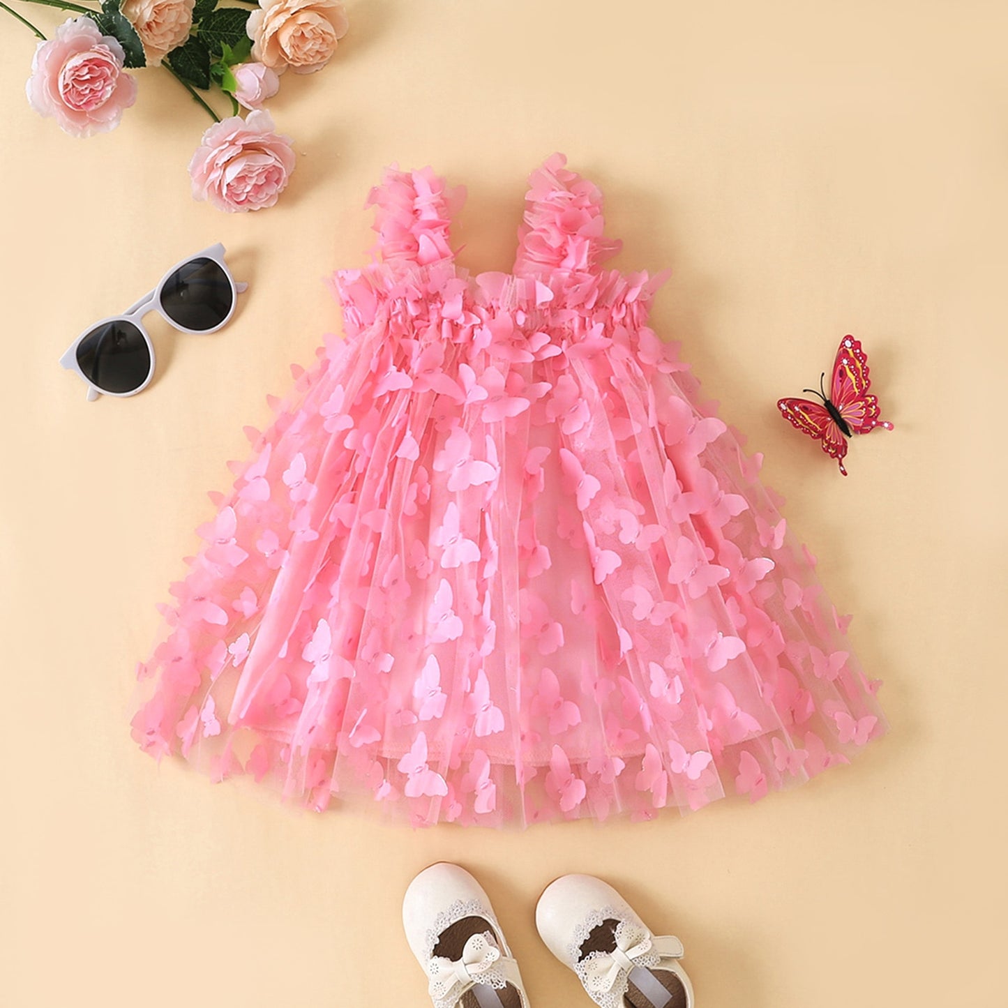 Guadalupe Girls Dress 3D Butterfly Solid Sleeveless Summer - GuGuTon