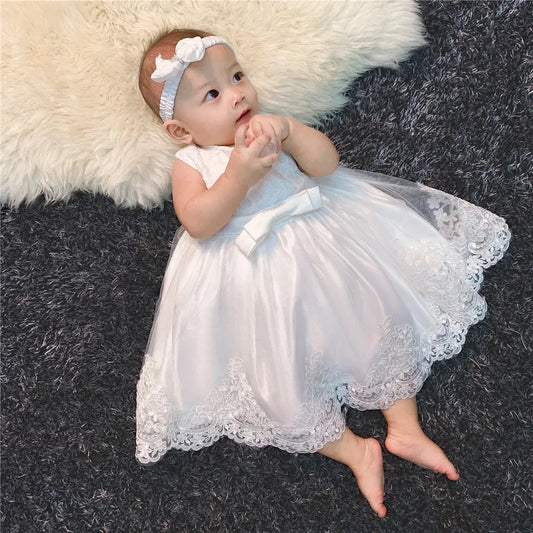 Baby Girl Clothes White Dress for Baptismal Ceremony Little Flower Child Wedding Dress Toddler Kids 1st Birthday Party Dresses