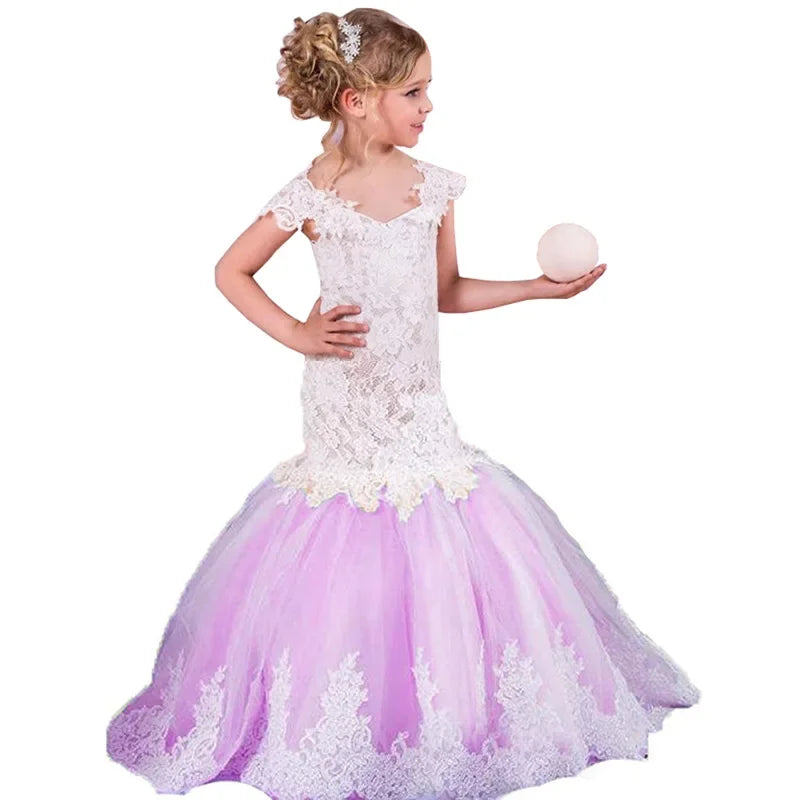 Baby Flower Girl Dress Kids Lace Long EveningGown Bridesmade Prom Mermaid Frocks