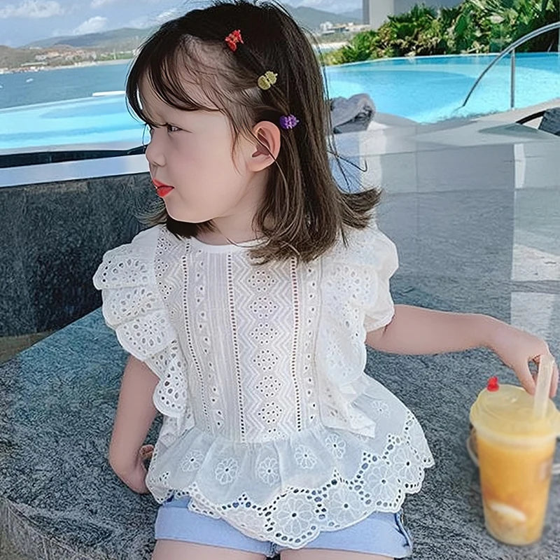 Helena Round Neck Bubble Sleeve Lace Hollow Breathable