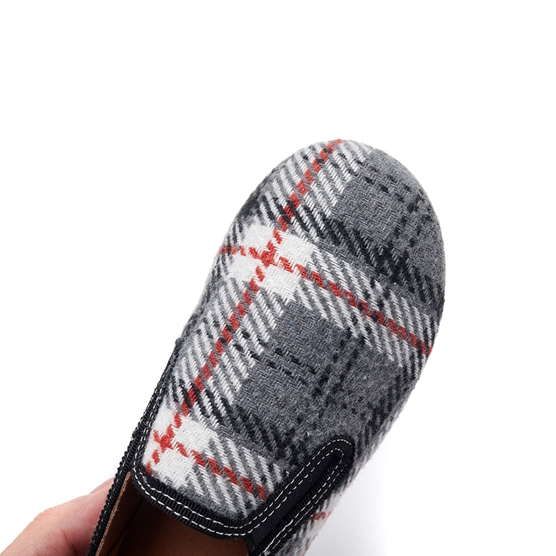 Boys Loafers Slip On Shoes Elastic White Grey Plaid