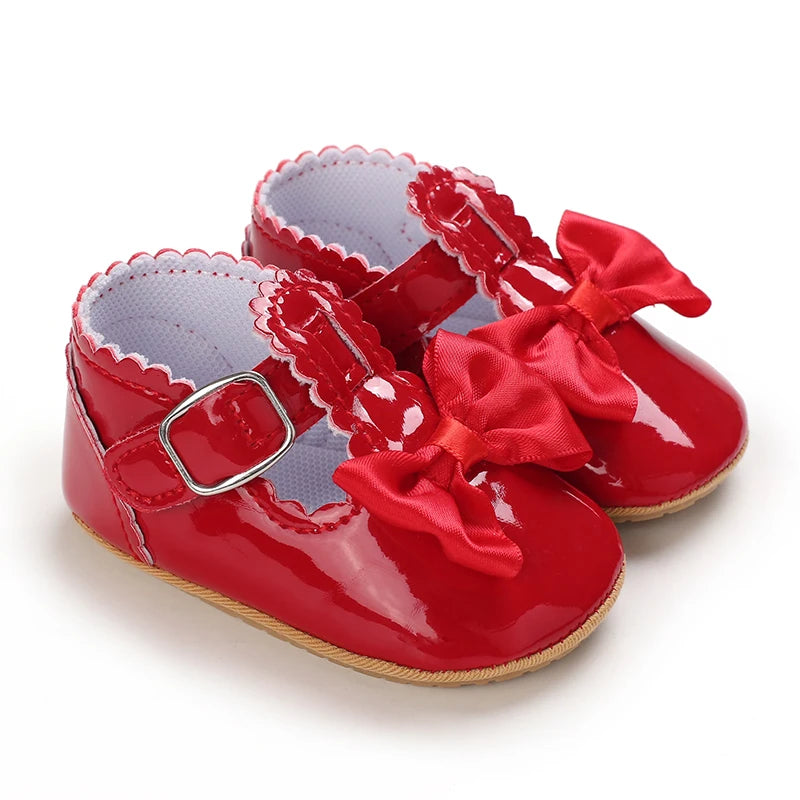 Baby Girls Shoes Classic Bowknot Rubber Sole Anti-slip PU Girls Dress Shoes