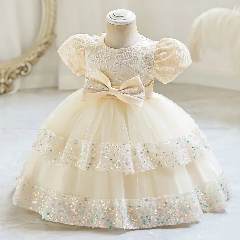 Fashion Bow Girls Party Dresses Cotton Short Sleeve Bridesmaid Dress
