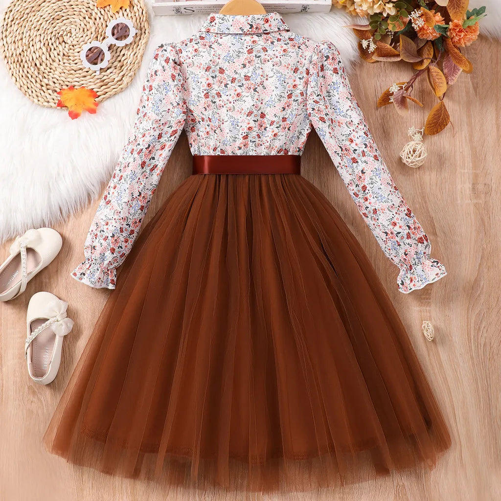 Kids Girl Black Dress Summer Long Sleeve Floral Gauze Belt Children Dress