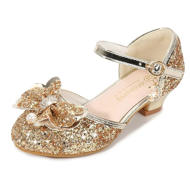 Girls' High Heels Fashion New Sequin Bow Shoes Children's Dance Single Shoes