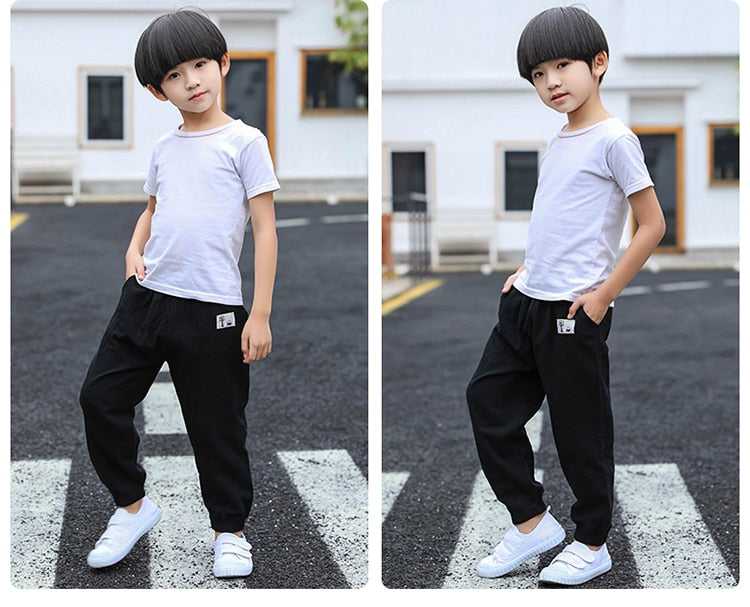 Solid Color Children Trousers Cotton Linen Elastic Waist Kids Clothing