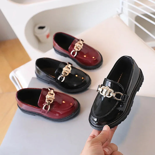 2025 for Children Platform Black Patent Leather Chain Fashion Boys Girls Flat Shoes