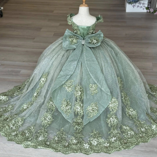 Customized Flower Girl Dress Green Tulle Floral Appliques With Bow For Wedding