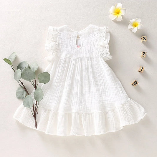 Infant Baby Girls Cotton Linen Dresses Pleated Short Sleeve White Dress