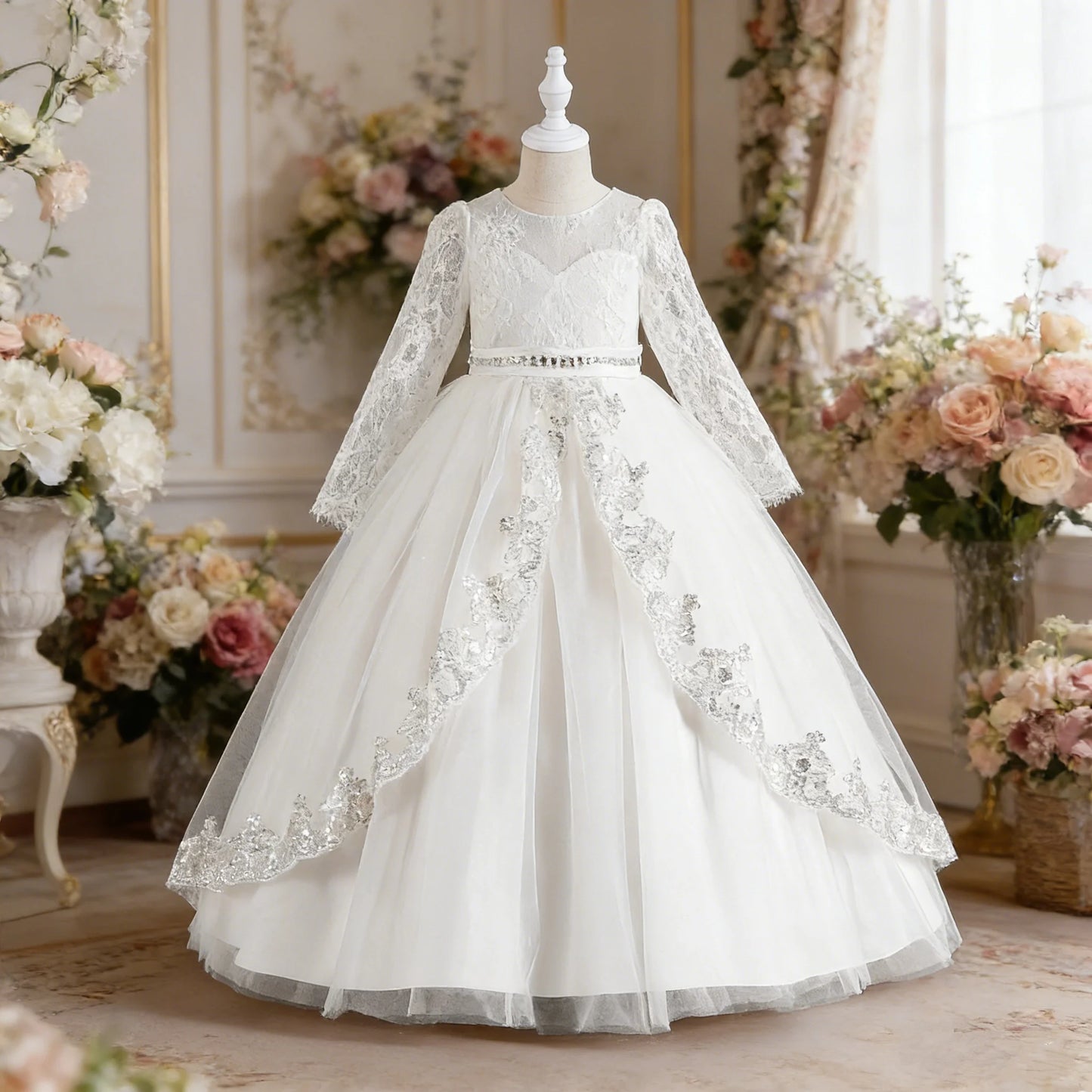 Kids white long sleeve lace elegant girls princess dress
