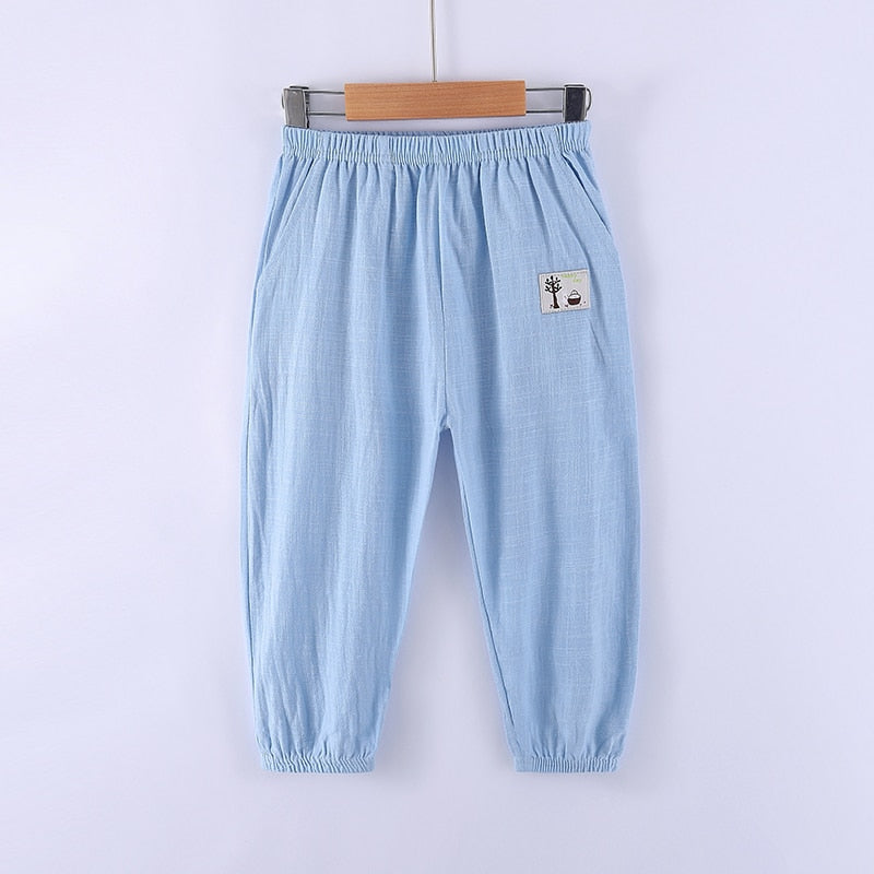 Solid Color Children Trousers Cotton Linen Elastic Waist Kids Clothing