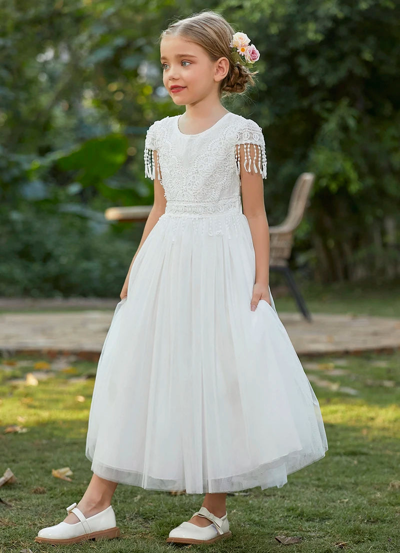 Christmas Girl's New Bohemian Style Lace Tassel Flower Backless Solid Color Dress