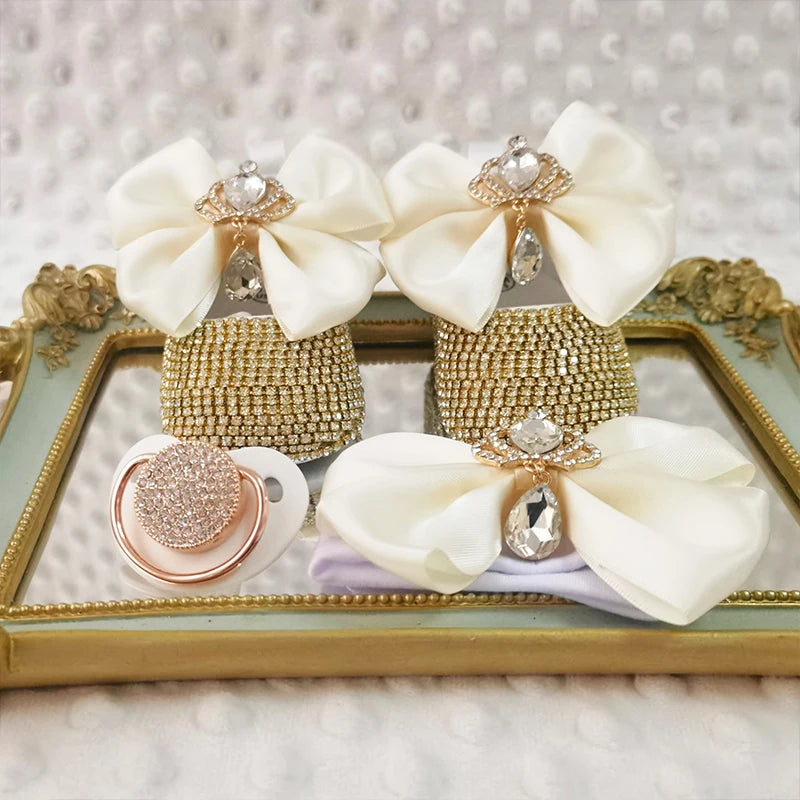 Dollbling Baroque Pink Rhinestones Baby Girl Shoes First Walker Headband Set Sparkle Crystals Princess Shoes Baby Shower SH3