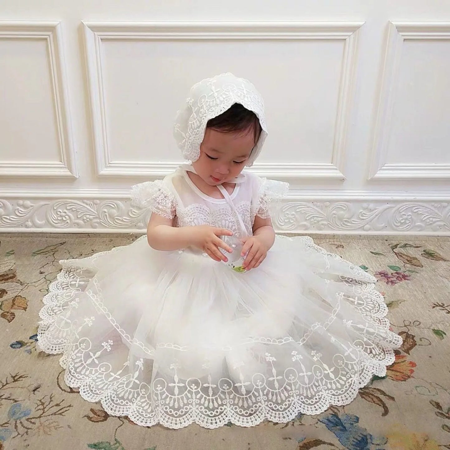 Lila Baby Girls Baptism Dress - Lace Crochet O Neck Dress