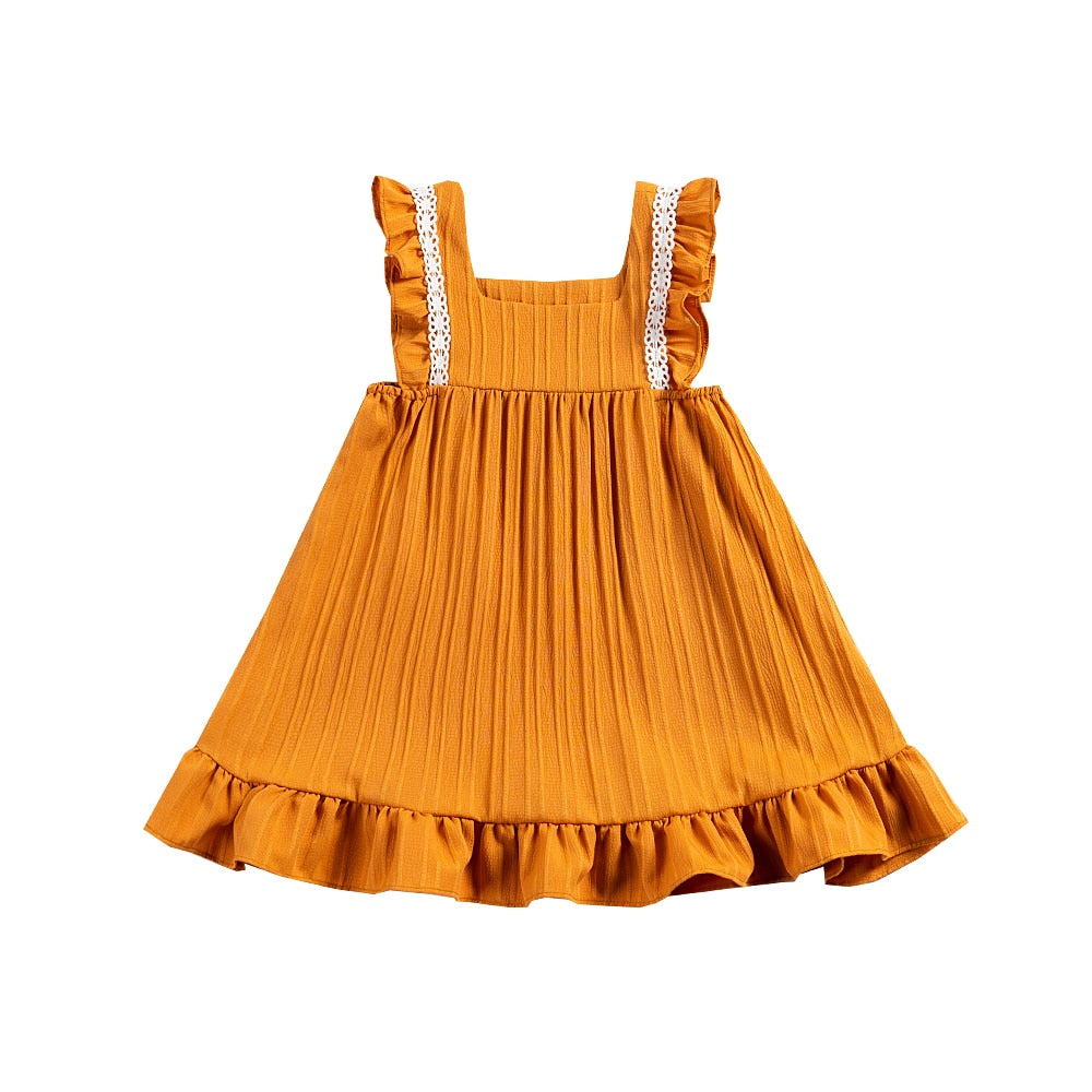 Zaida Solid Cotton Ruffle Sleeve Kids Dresses Sundress