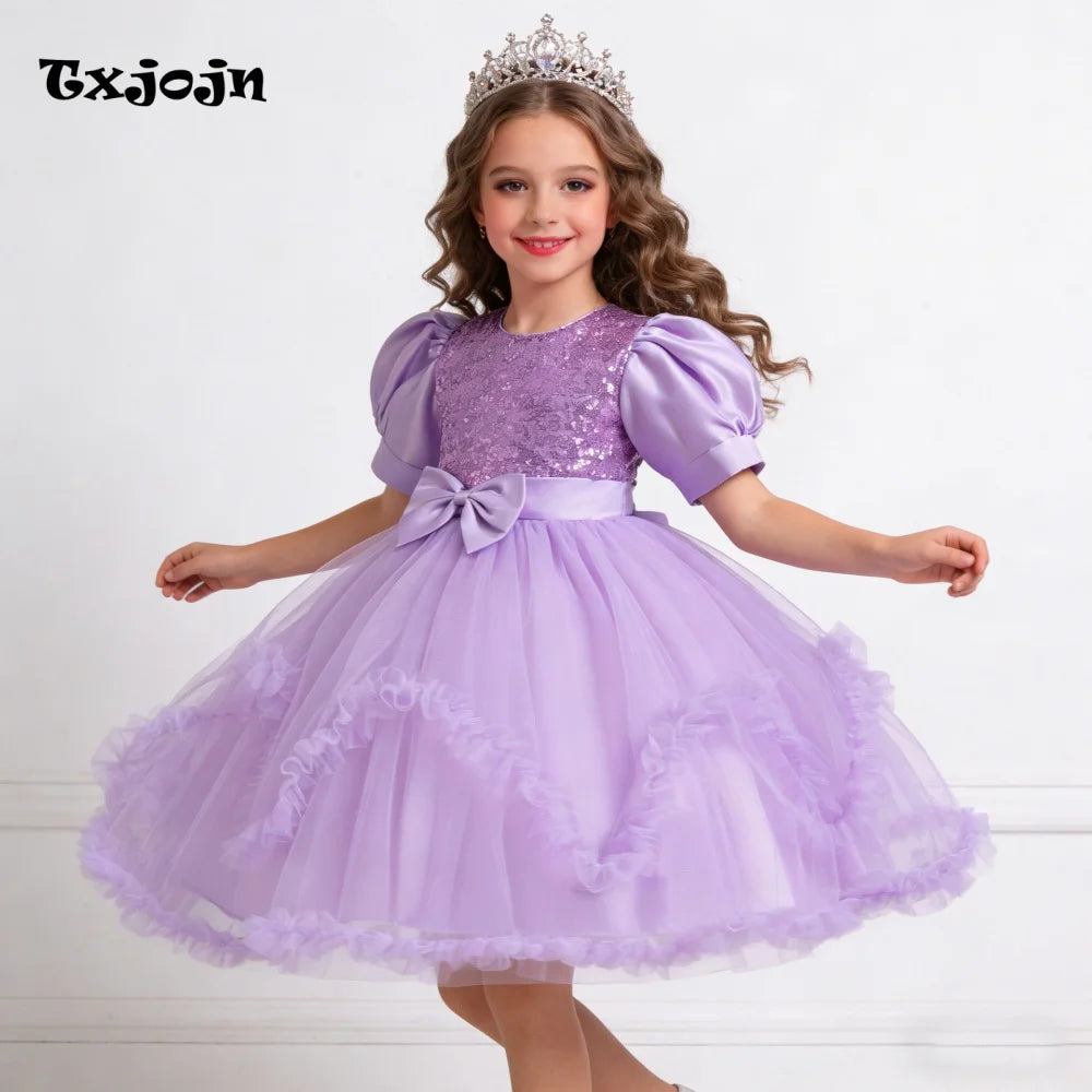 Girl's Dress 3-14 Years Old Girl's Bow Princess Dress Sequined Puff Sleeve Mesh Dress