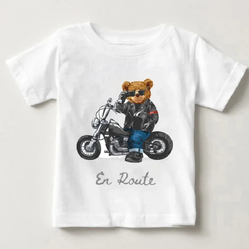 Dylon Cute Bear Riding Motorcycle Car Print Tees