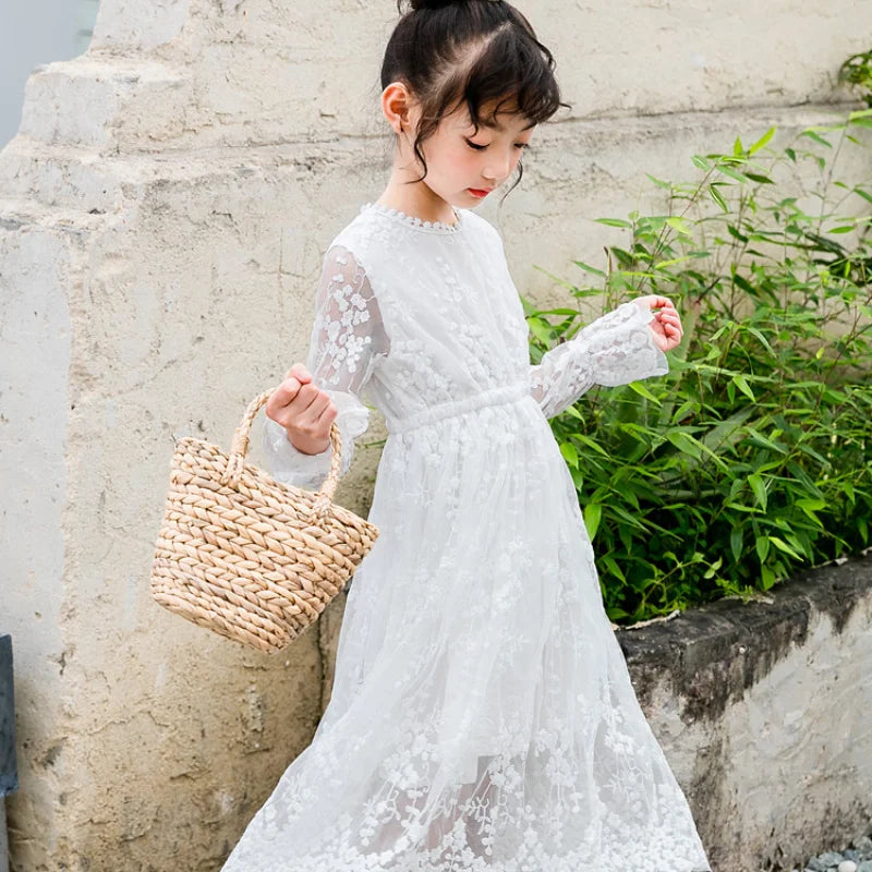 Girls Lace Dress Spring Autumn Long-sleeved Princess 2023 Flower White Dress