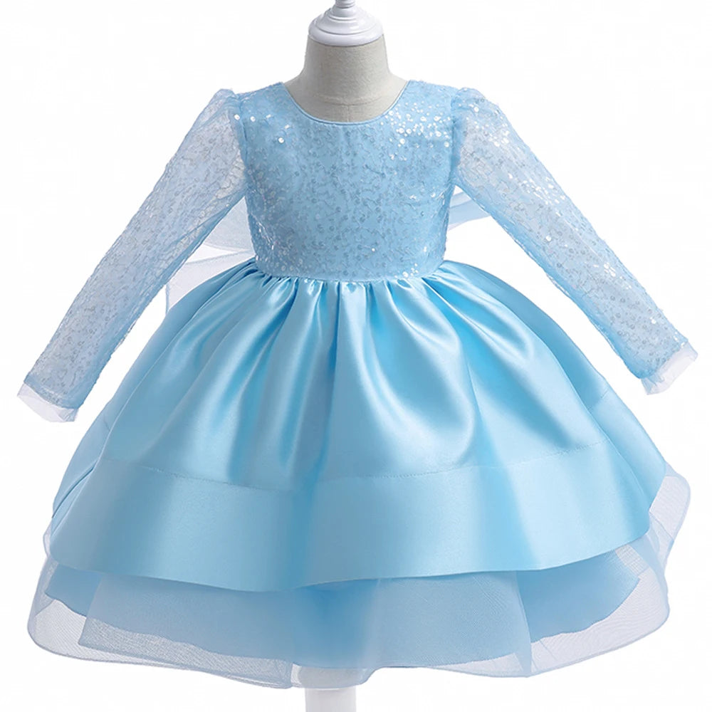 Fashion Sequins White Wedding Girls Party Dress Formal Bow Birthday Princess Dress
