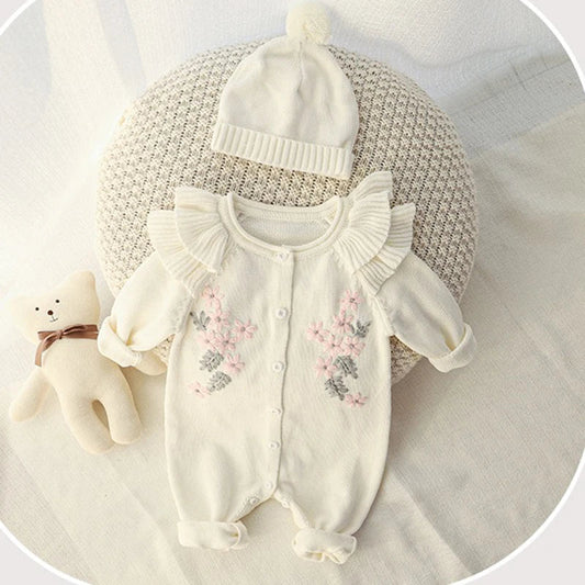 Embroidery Flower Knitted Romper Set