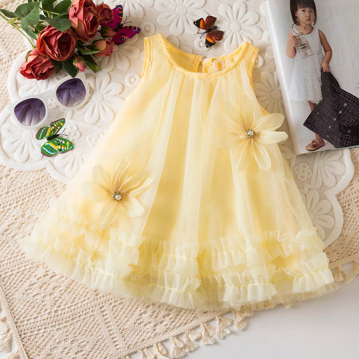 Toddler Girl Princess Pink Flower Decorated Wedding Party Dress