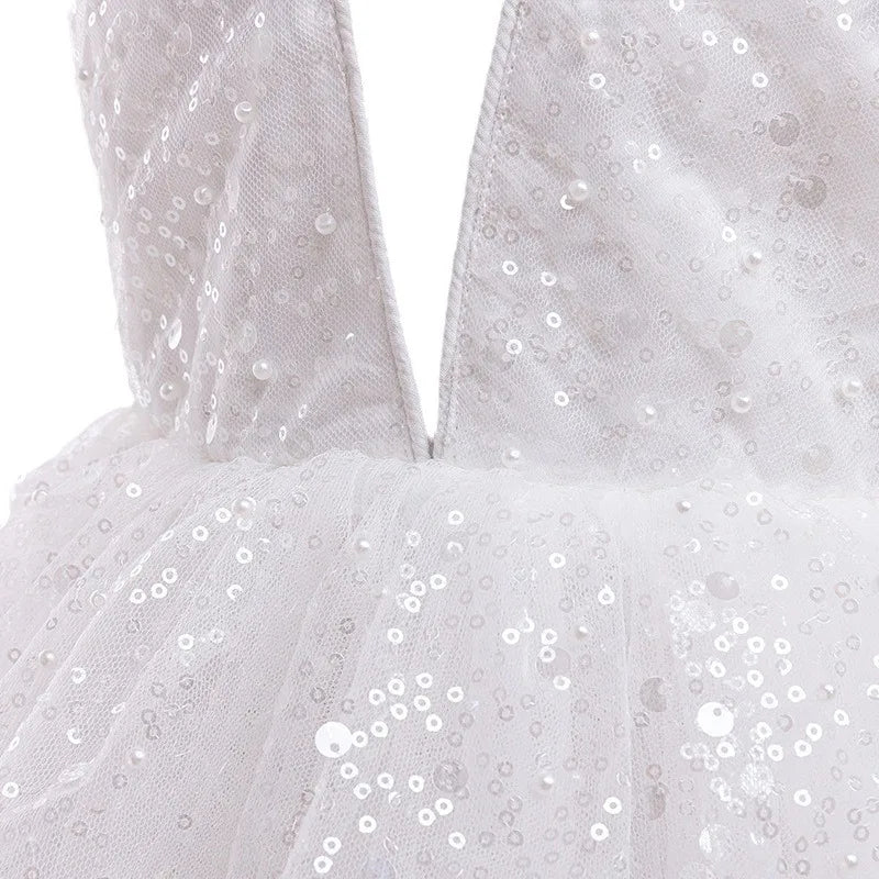 White Costume for Girls Puffy Dress Long Sleeve Sequin Evening Dress