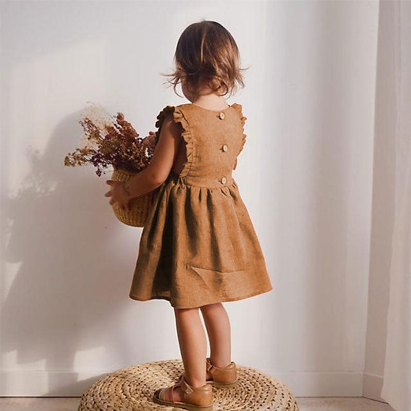 Zaida Solid Cotton Ruffle Sleeve Kids Dresses Sundress