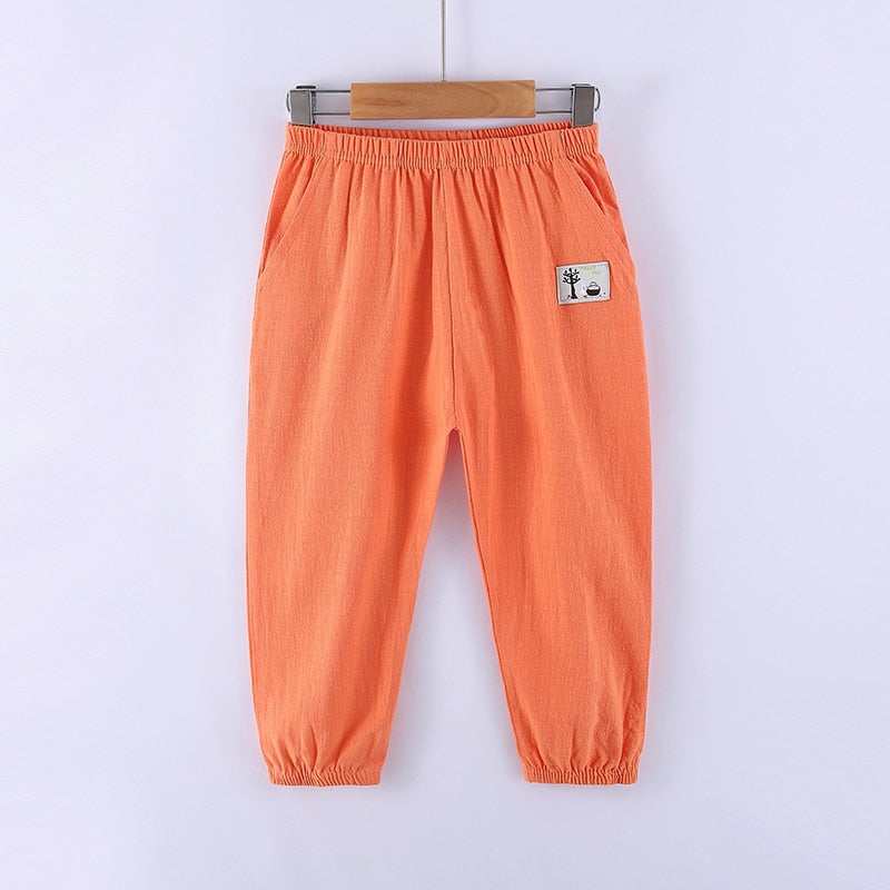 Solid Color Children Trousers Cotton Linen Elastic Waist Kids Clothing