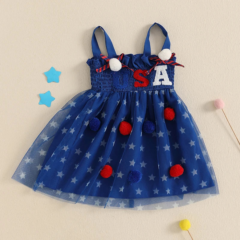 Cute Toddler Independence Day Outfit Red White Blue Striped Ruffle Sleeveless Dress