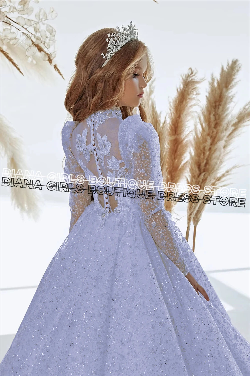 White Elegant Princess Flowers Girl Dress with Belt Lace Embroidery