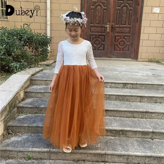 Elegant Burnt Orange Lace Tulle Dress for Flower Girls Bridesmaid Wedding